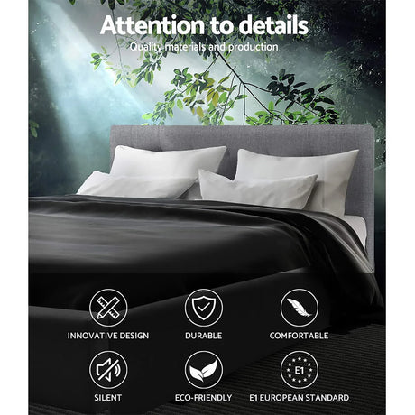 Modern gray upholstered bed with white pillows and black bedding under green leafy background and quality features icons
