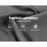 Close-up of smooth dark fabric with text Premium upholstery, soft touch, breathable, wear-resistant icons