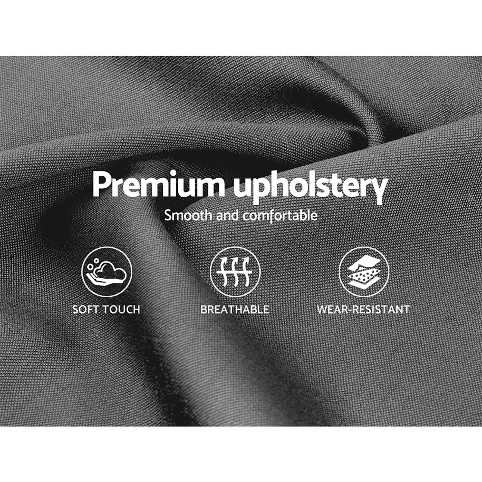 Close-up of smooth dark fabric with text Premium upholstery, soft touch, breathable, wear-resistant icons