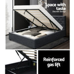Grey storage bed with lift-up mattress revealing discreet storage and reinforced gas lift mechanism
