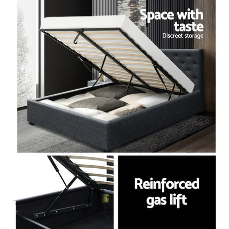 Grey storage bed with lift-up mattress revealing discreet storage and reinforced gas lift mechanism