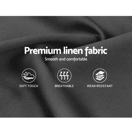 Close-up of black premium linen fabric with soft touch, breathable, and wear-resistant features