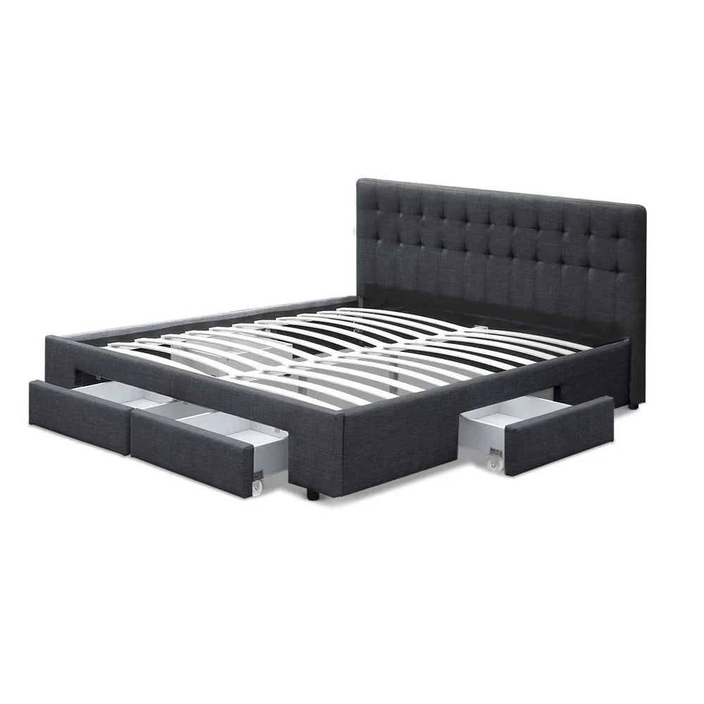 Dark gray upholstered platform bed frame with velvet tufted headboard and four pull-out storage drawers