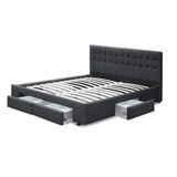 Dark gray upholstered platform bed frame with velvet tufted headboard and four pull-out storage drawers