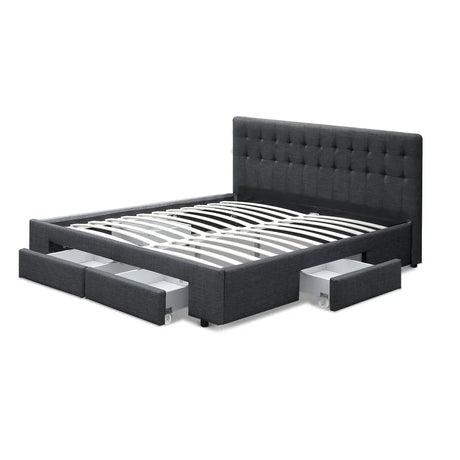 Dark gray upholstered platform bed frame with velvet tufted headboard and four pull-out storage drawers
