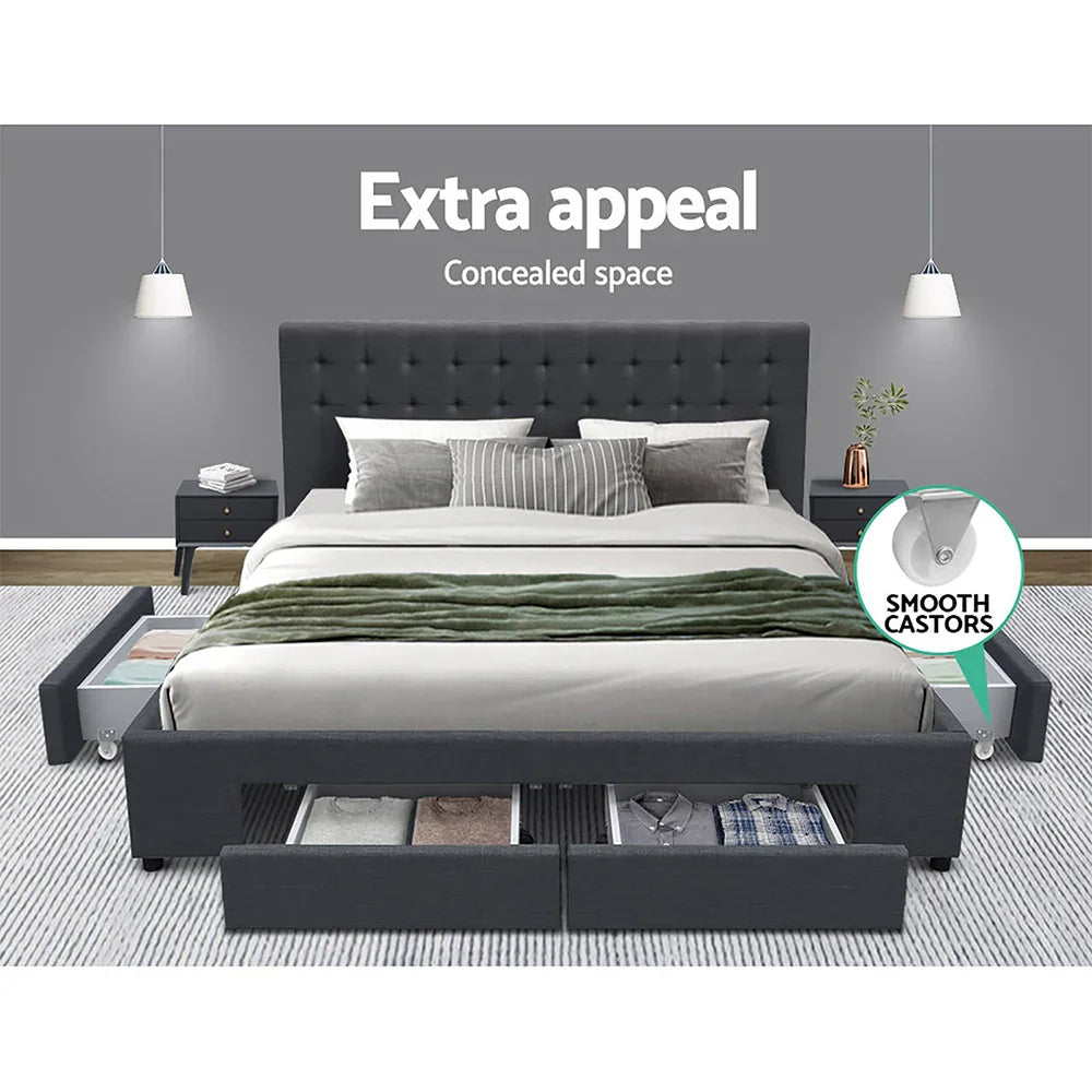 Modern grey upholstered bed with storage drawers and side compartments in stylish bedroom