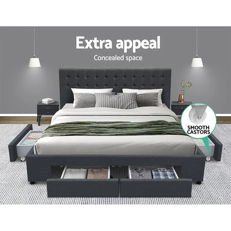 Modern grey upholstered bed with storage drawers and side compartments in stylish bedroom