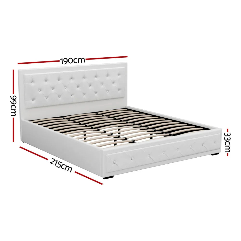 White tufted upholstered bed frame with wooden slats, dimensions 190x215x99 cm, modern design