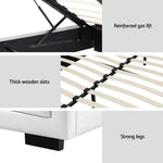 Close-up details of bed frame featuring reinforced gas lift, thick wooden slats, and strong black legs