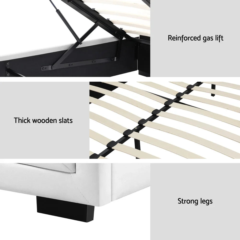 Close-up details of bed frame featuring reinforced gas lift, thick wooden slats, and strong black legs
