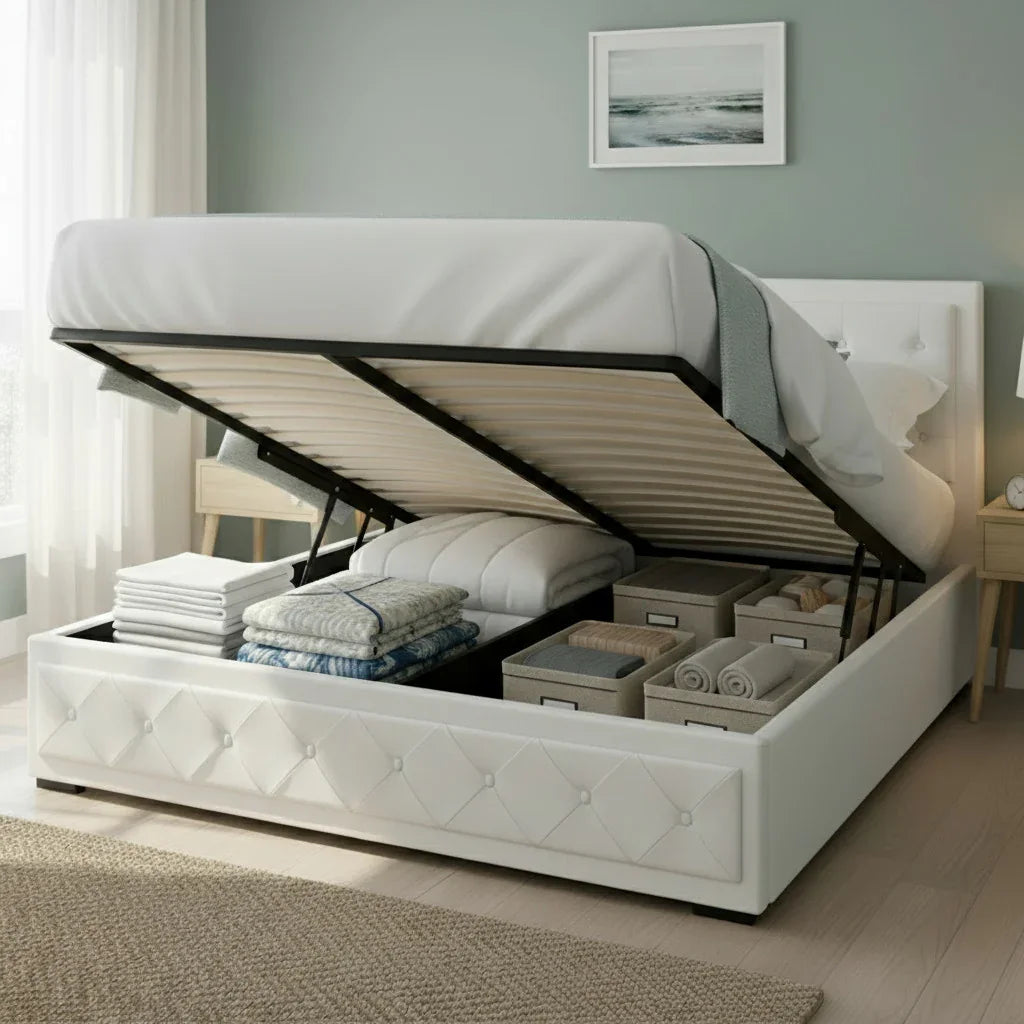 White upholstered storage bed with hydraulic lift, organized linens and boxes inside, in a modern bedroom