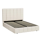 Modern beige upholstered platform bed frame with vertical stitched headboard and wooden slats