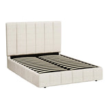 Modern beige upholstered platform bed frame with vertical stitched headboard and wooden slats