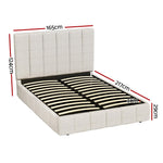 Upholstered beige fabric bed frame with black slats and dimensions in centimeters