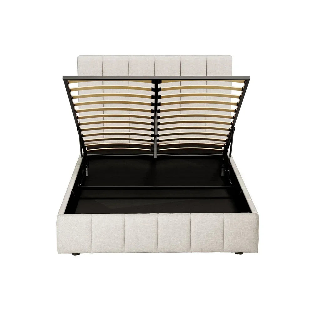 Beige upholstered storage bed frame with lift-up slatted base and black interior