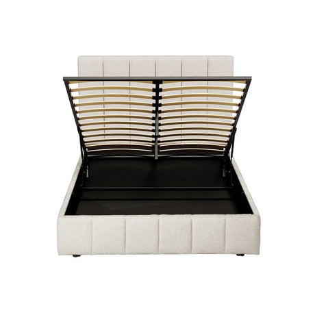 Beige upholstered storage bed frame with lift-up slatted base and black interior