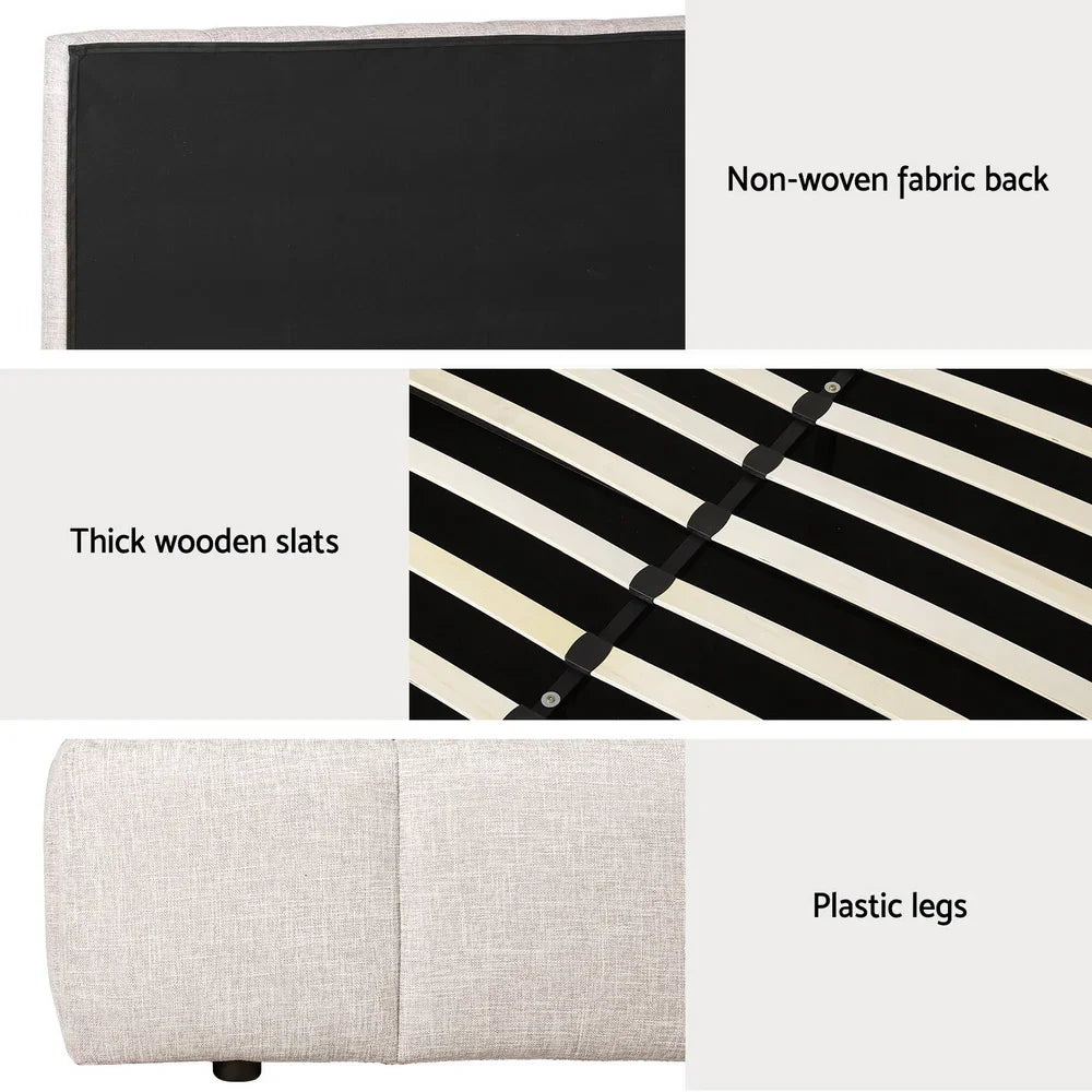 Close-up details of upholstered bed frame with non-woven fabric back, thick wooden slats, and plastic legs