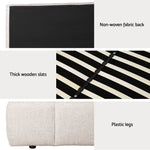 Close-up details of upholstered bed frame with non-woven fabric back, thick wooden slats, and plastic legs