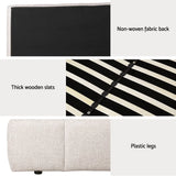 Close-up details of upholstered bed frame with non-woven fabric back, thick wooden slats, and plastic legs