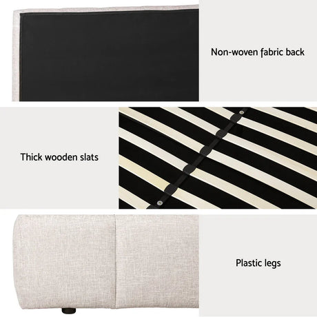 Close-up details of upholstered bed frame with non-woven fabric back, thick wooden slats, and plastic legs