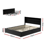 Black wooden bed frame with slatted base and headboard, including detailed dimensions, plus wall-mounted wire basket shelf