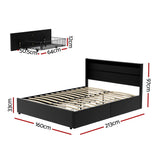Black wooden bed frame with slatted base and headboard, including detailed dimensions, plus wall-mounted wire basket shelf