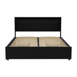 Black platform bed frame with slatted wooden support and tall rectangular headboard