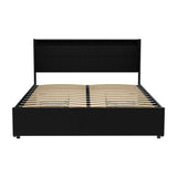 Black platform bed frame with slatted wooden support and tall rectangular headboard