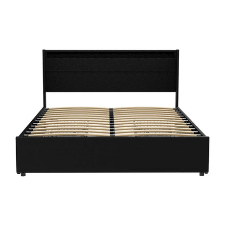 Black platform bed frame with slatted wooden support and tall rectangular headboard