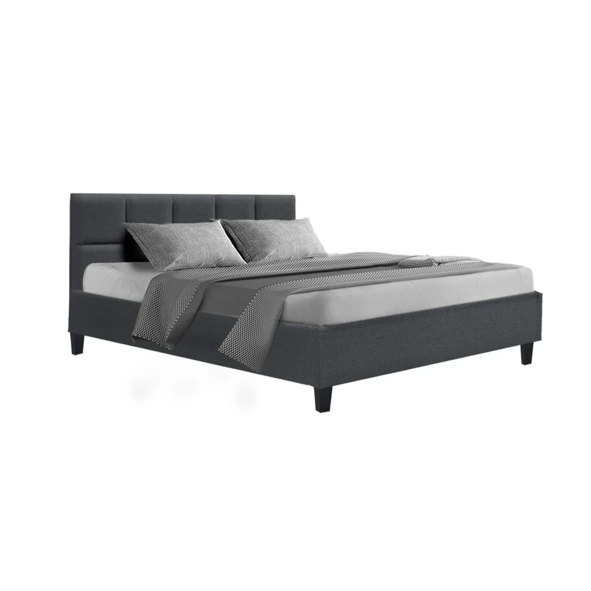 Modern gray upholstered platform bed with tufted headboard, gray bedding, and pillows