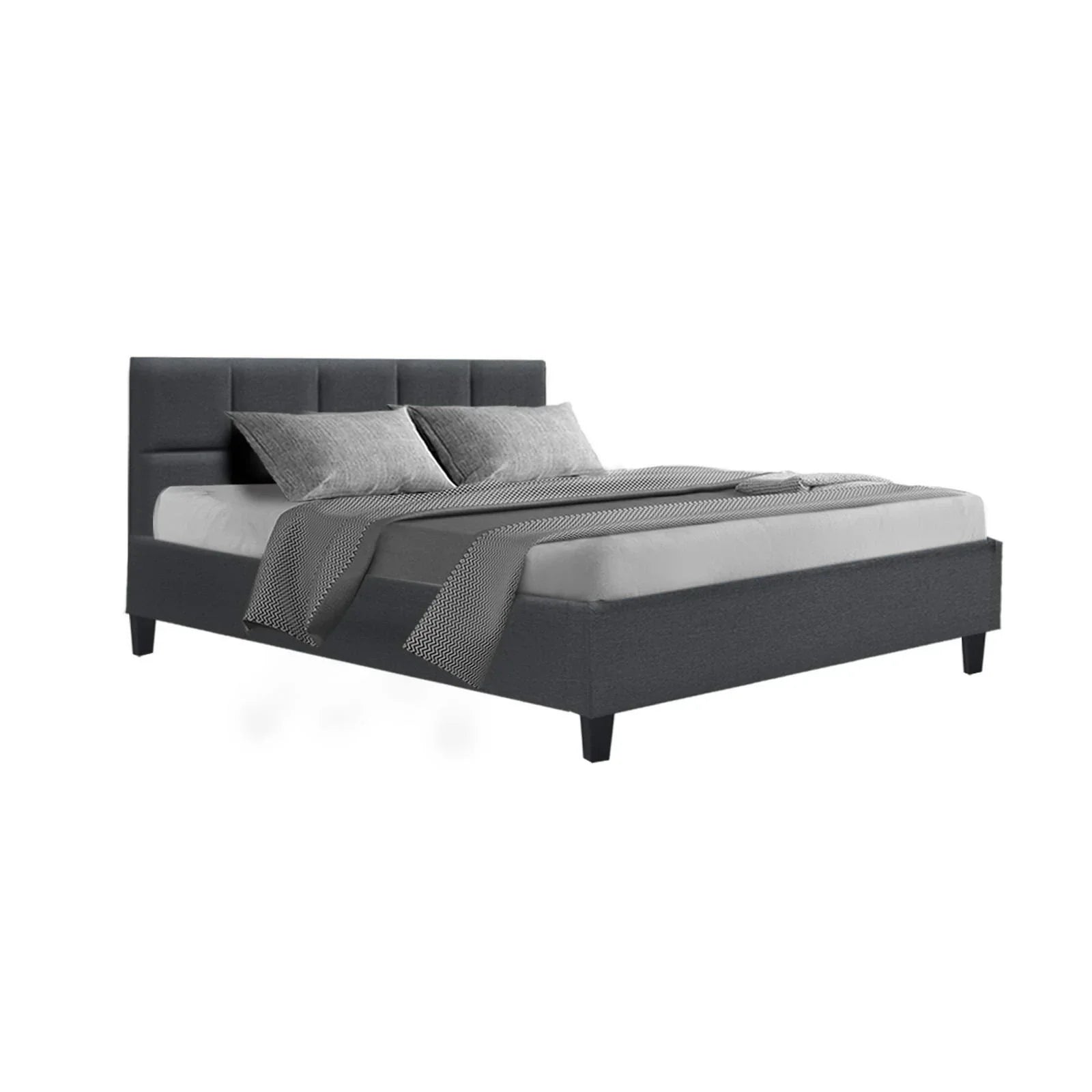 Modern gray upholstered platform bed with tufted headboard, gray bedding, and pillows