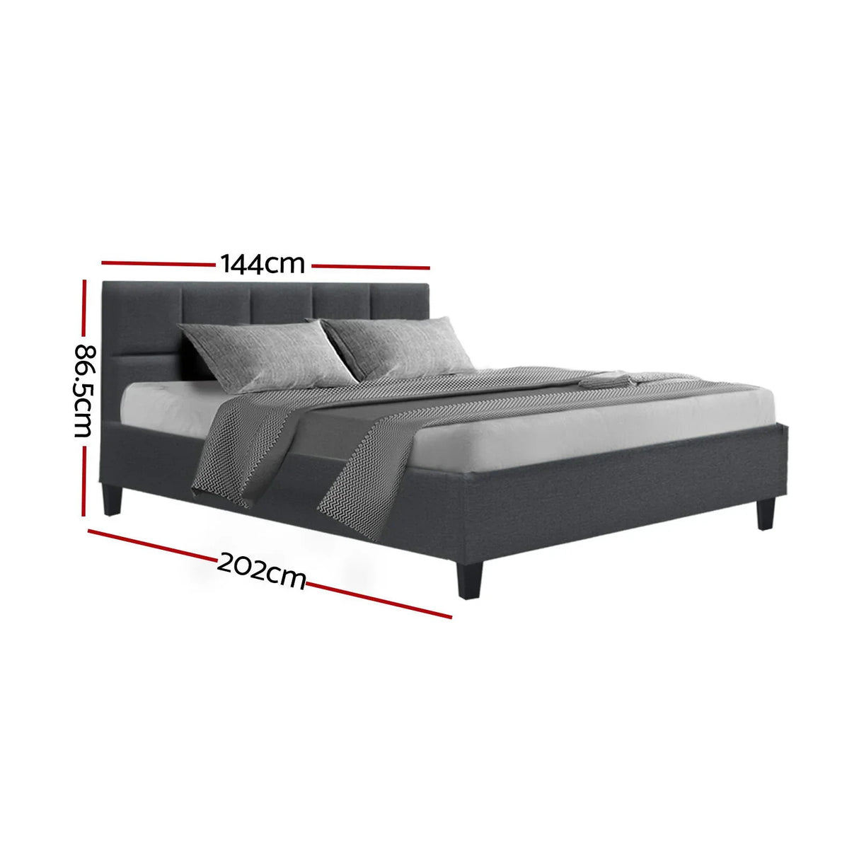 Modern dark grey upholstered bed with cushioned headboard and two pillows, dimensions shown