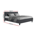 Modern dark grey upholstered bed with cushioned headboard and two pillows, dimensions shown