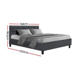 Modern dark grey upholstered bed with cushioned headboard and two pillows, dimensions shown