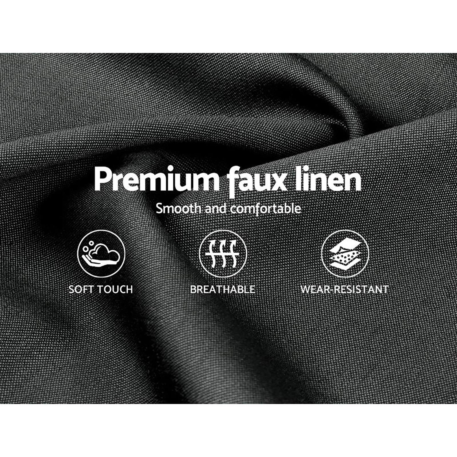 Close-up of black premium faux linen fabric with soft touch, breathable, and wear-resistant features