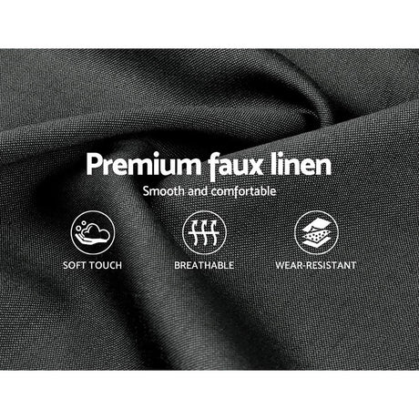 Close-up of black premium faux linen fabric with soft touch, breathable, and wear-resistant features
