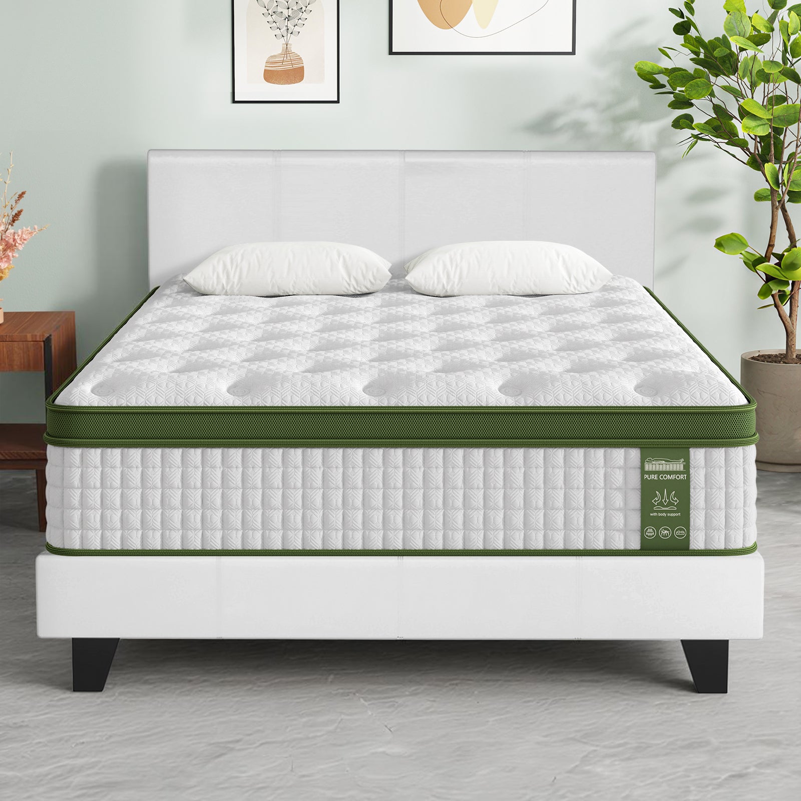Double Bed Frame & Hybrid Mattress Bundle White - Artiss with Headboard
