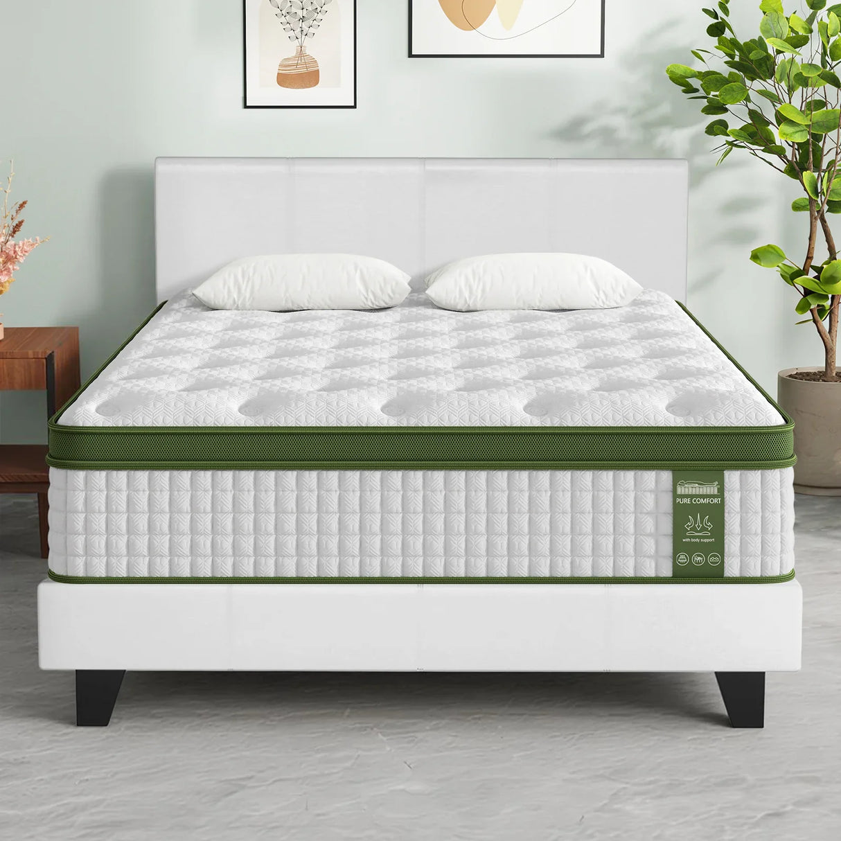Double Bed Frame & Hybrid Mattress Bundle White - Artiss with Headboard