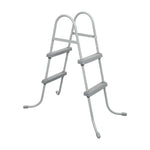 Gray metal pool ladder with four steps and curved handles isolated on white background