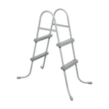 Gray metal pool ladder with four steps and curved handles isolated on white background