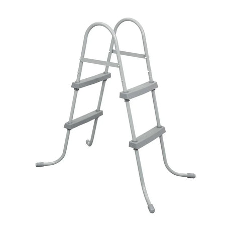 Gray metal pool ladder with four steps and curved handles isolated on white background