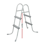 Gray metal pool ladder with two steps and 84cm height marking on white background