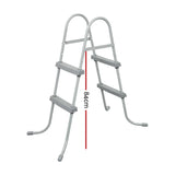Gray metal pool ladder with two steps and 84cm height marking on white background