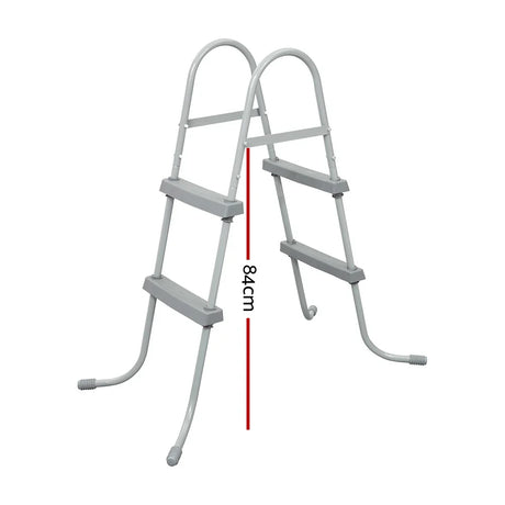 Gray metal pool ladder with two steps and 84cm height marking on white background