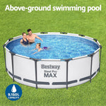 Bestway Steel Pro MAX above-ground swimming pool with family enjoying water on grass lawn