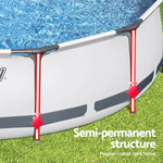 Close-up of a semi-permanent above ground pool with powder-coated steel frame on green grass