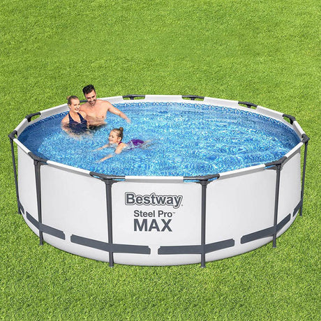 Bestway Steel Pro Max round above ground pool with family enjoying in clear water on green grass