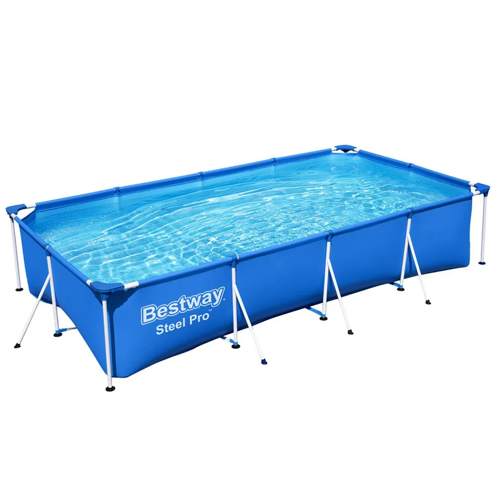 Bestway Steel Pro rectangular above ground pool with blue frame and clear water