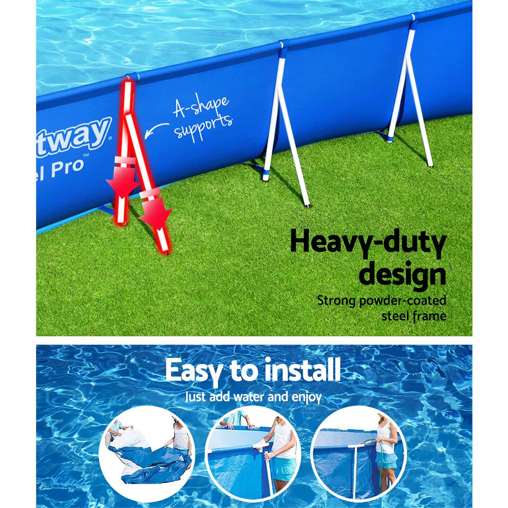 Blue above ground pool on green grass with white A-shape steel supports and heavy-duty design text