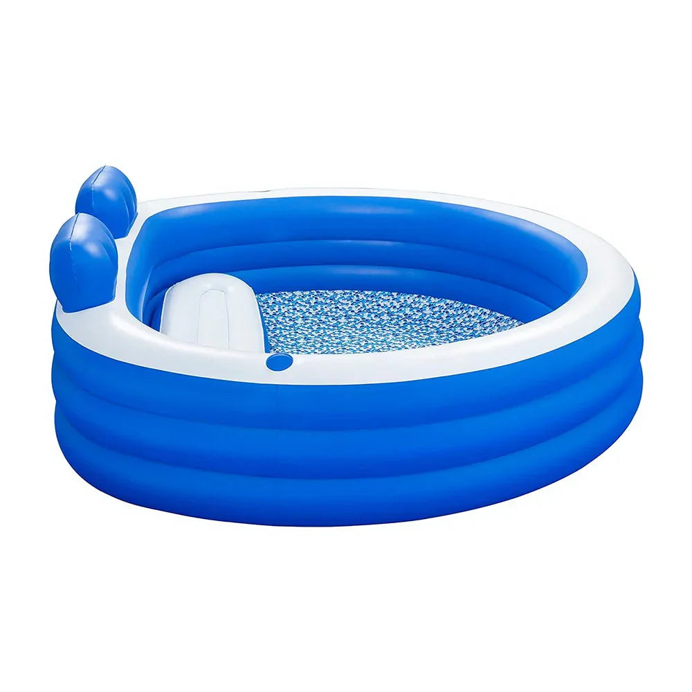 Blue and white inflatable family pool with built-in seats and cushioned backrests